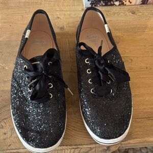 Kate Spade x Keds Black Glitter Satin Ribbon Lace Sneakers 7.5